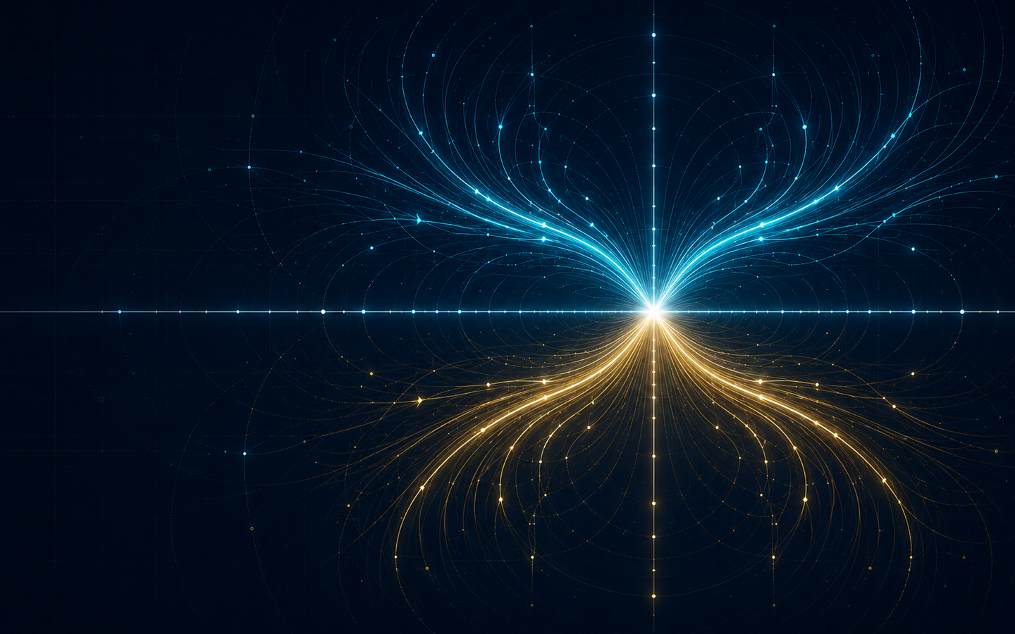 Luminous cyan and gold force streams organized around a central reference axis